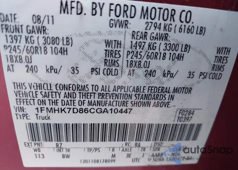 2012 Ford Explorer Xlt from USA, damaged, VIN 1FMHK7D86CGA10447